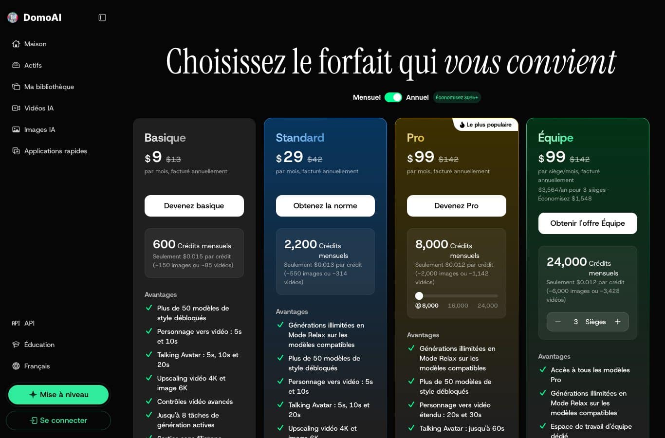 Capture des forfaits DomoAI : Basique 9 dollars par mois facturé annuellement, Standard 29 dollars, Pro 99 dollars