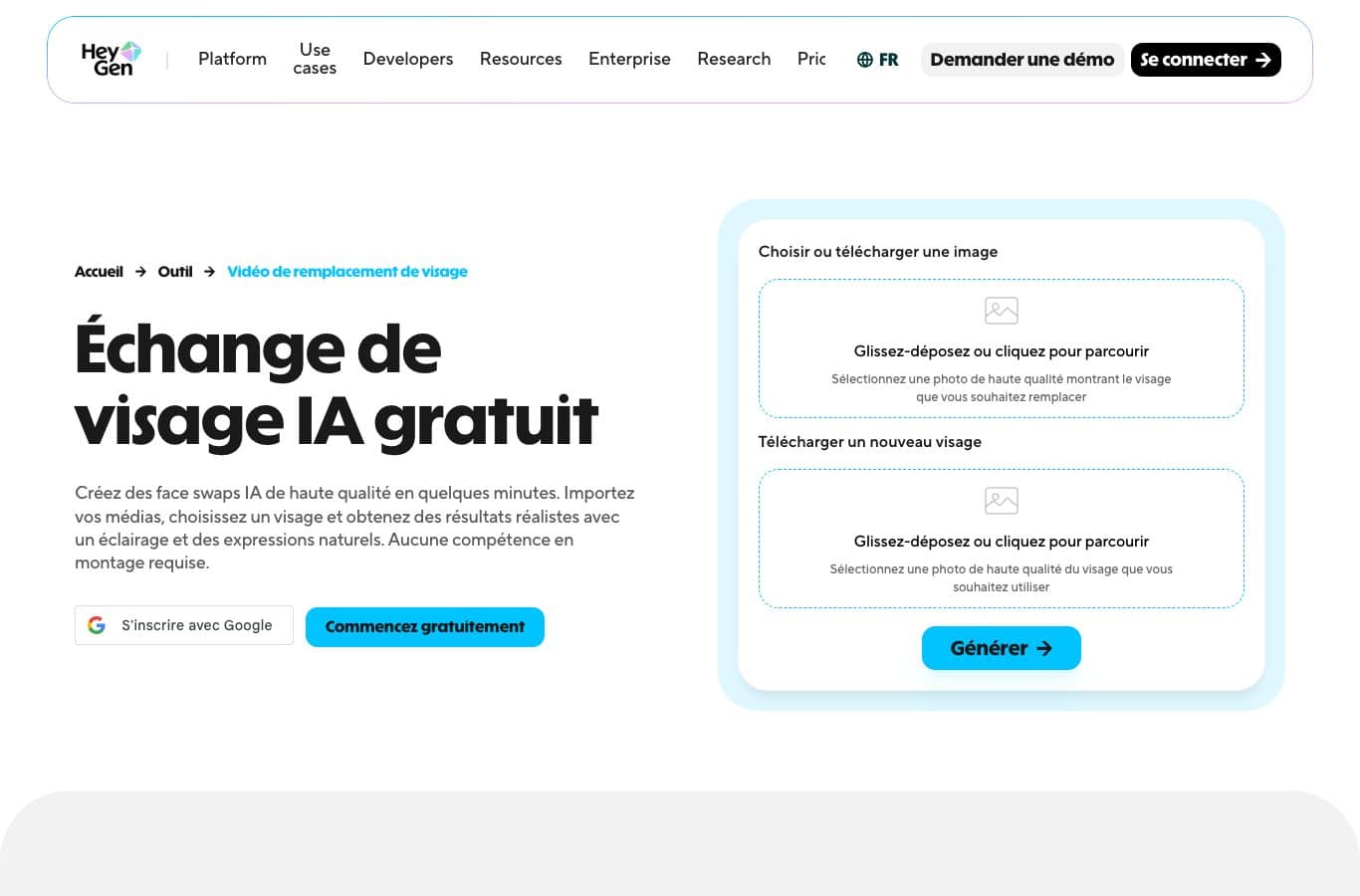 Capture de l'outil HeyGen : téléversement de l'image et du nouveau visage pour un échange de visage vidéo