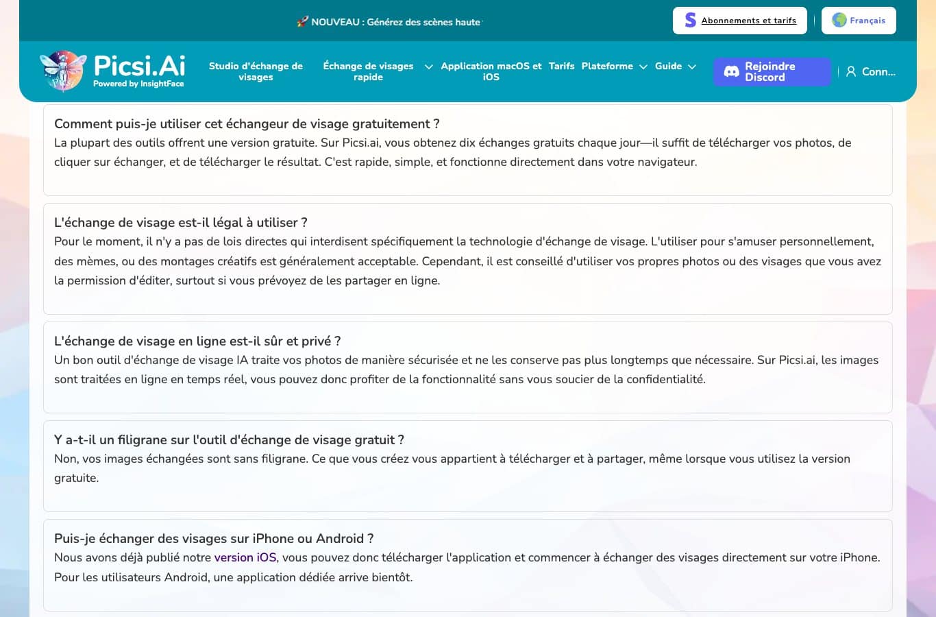 Capture de la FAQ Picsi.Ai : dix échanges gratuits par jour et réponse sur la légalité de l'échange de visage