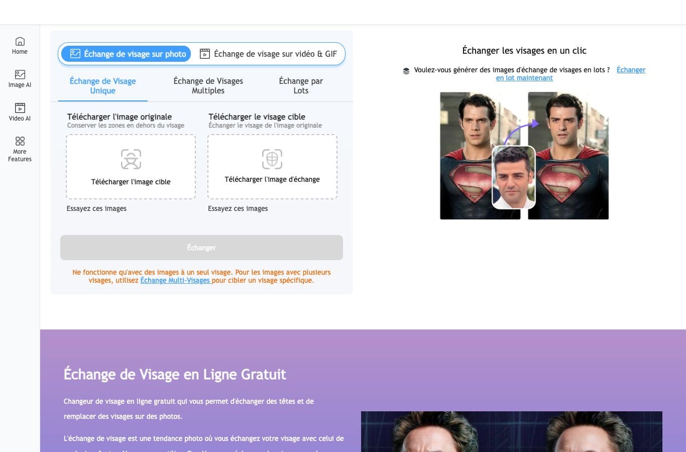 Capture de l'interface Remaker FaceVary : échange de visage unique, multi-visages et par lots