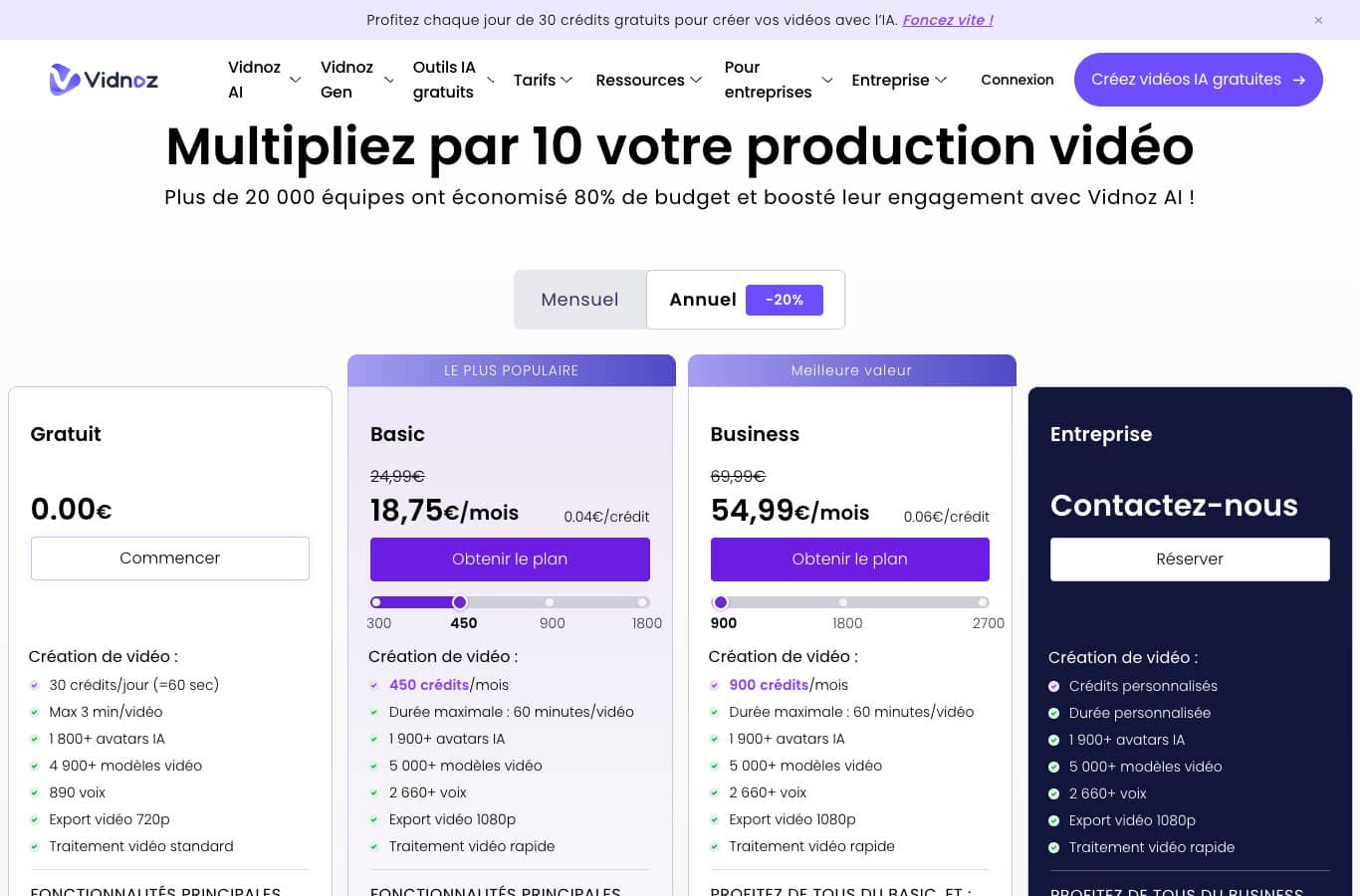 Capture de la grille tarifaire Vidnoz : plan gratuit à 30 crédits par jour, Basic 18,75 euros par mois, Business 54,99 euros