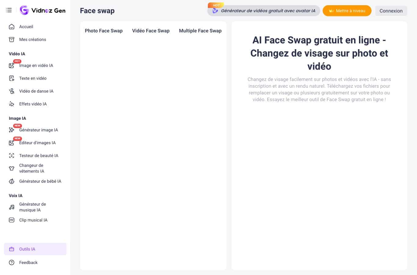 Capture de l'interface Vidnoz Face Swap avec les onglets photo, vidéo et multi-visages