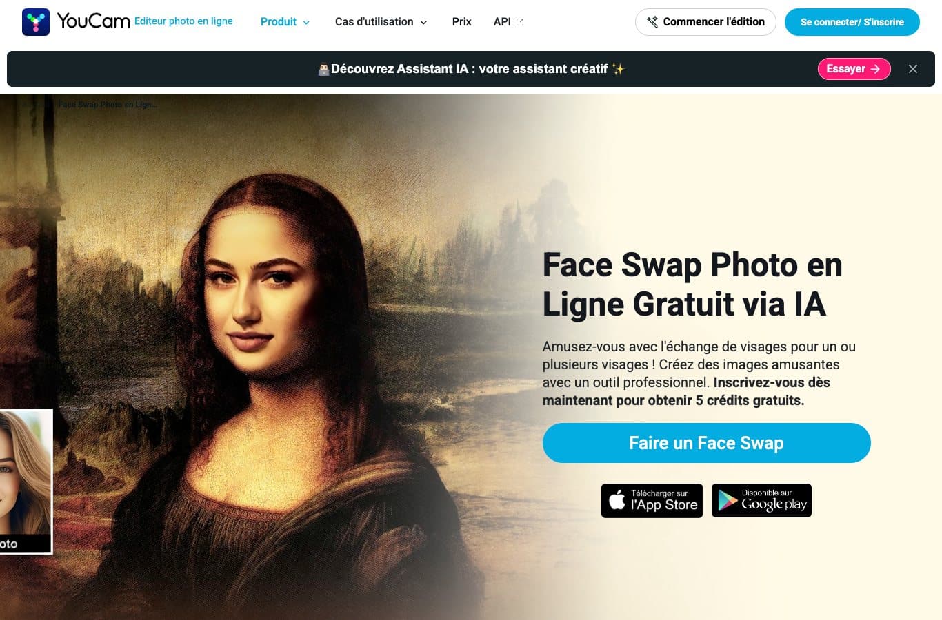 Capture de la page YouCam Face Swap affichant 5 crédits gratuits à l'inscription