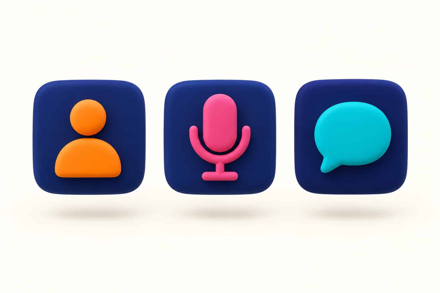 3D illustration of three colorful cards standing for the language settings of Claude: the profile, the voice mode microphone and the conversation bubble