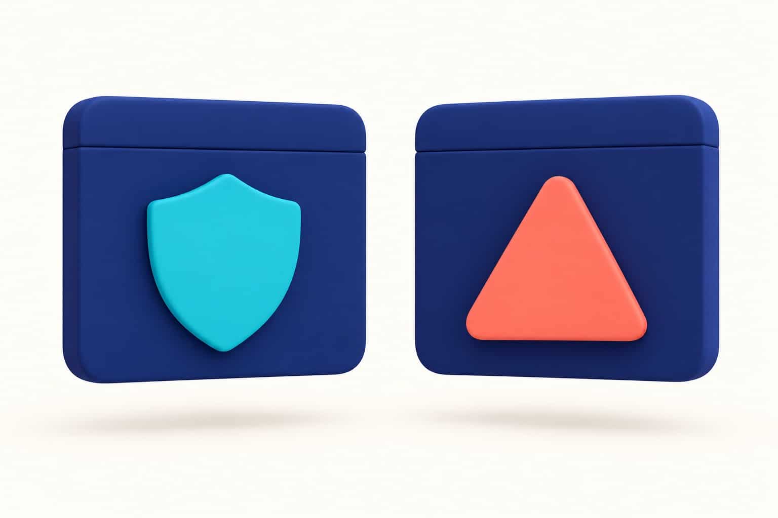 3D illustration of two browser windows side by side, one with a verification badge and the other with a warning triangle