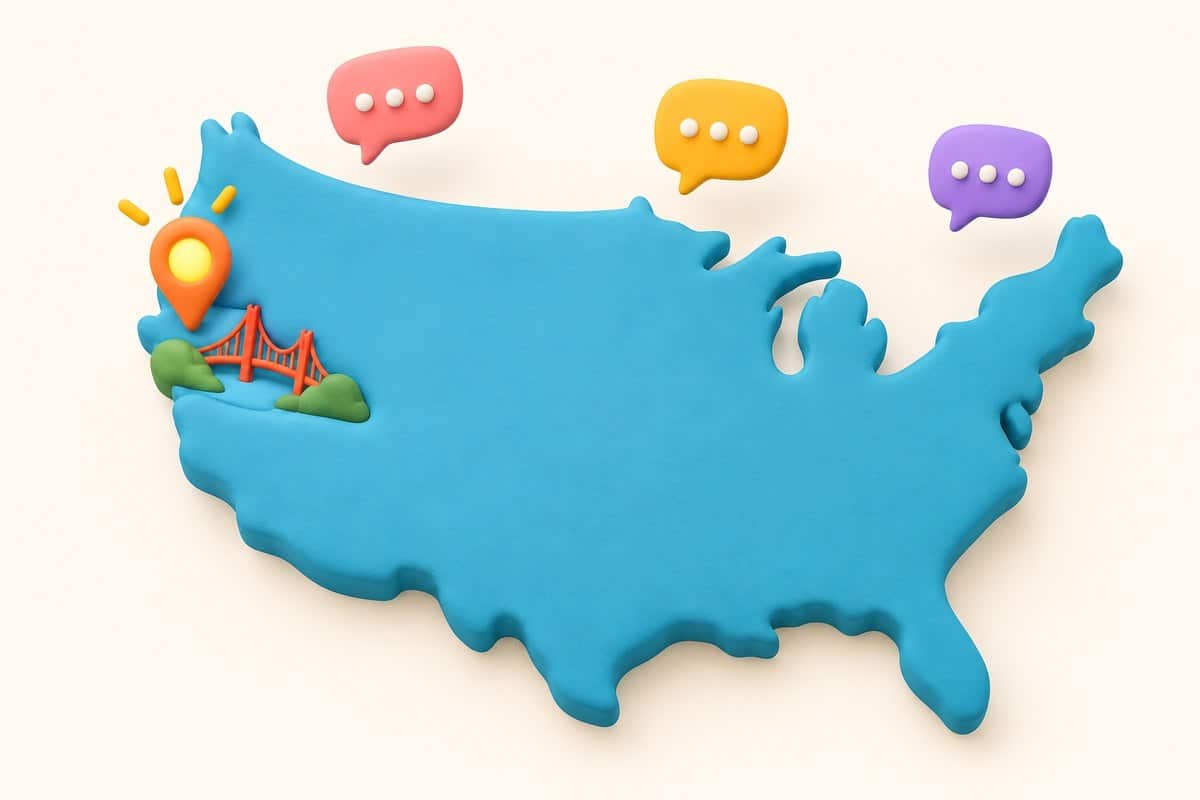 Map of the United States with a glowing pin placed over San Francisco and chat bubbles floating above