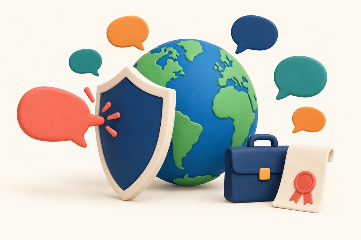 Globe surrounded by chat bubbles, one stopped by a shield, with a briefcase and a stamped document