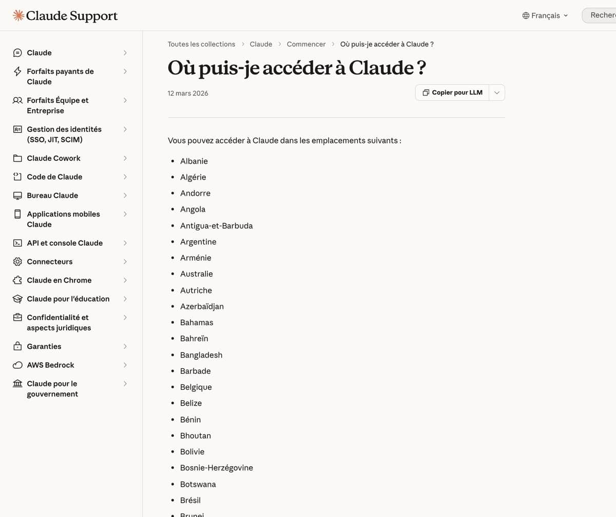 Page d'aide officielle d'Anthropic listant les pays où Claude est disponible, mise à jour du 12 mars 2026