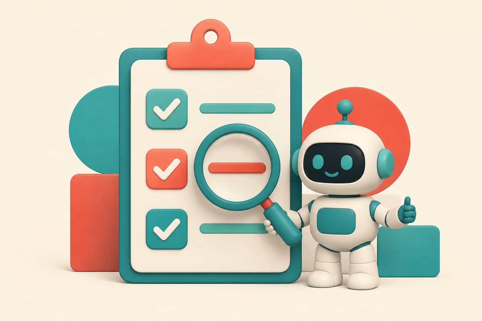 A checklist with marked boxes and a magnifying glass held by a robot, a scorecard for assessing the transparency of an artificial intelligence service