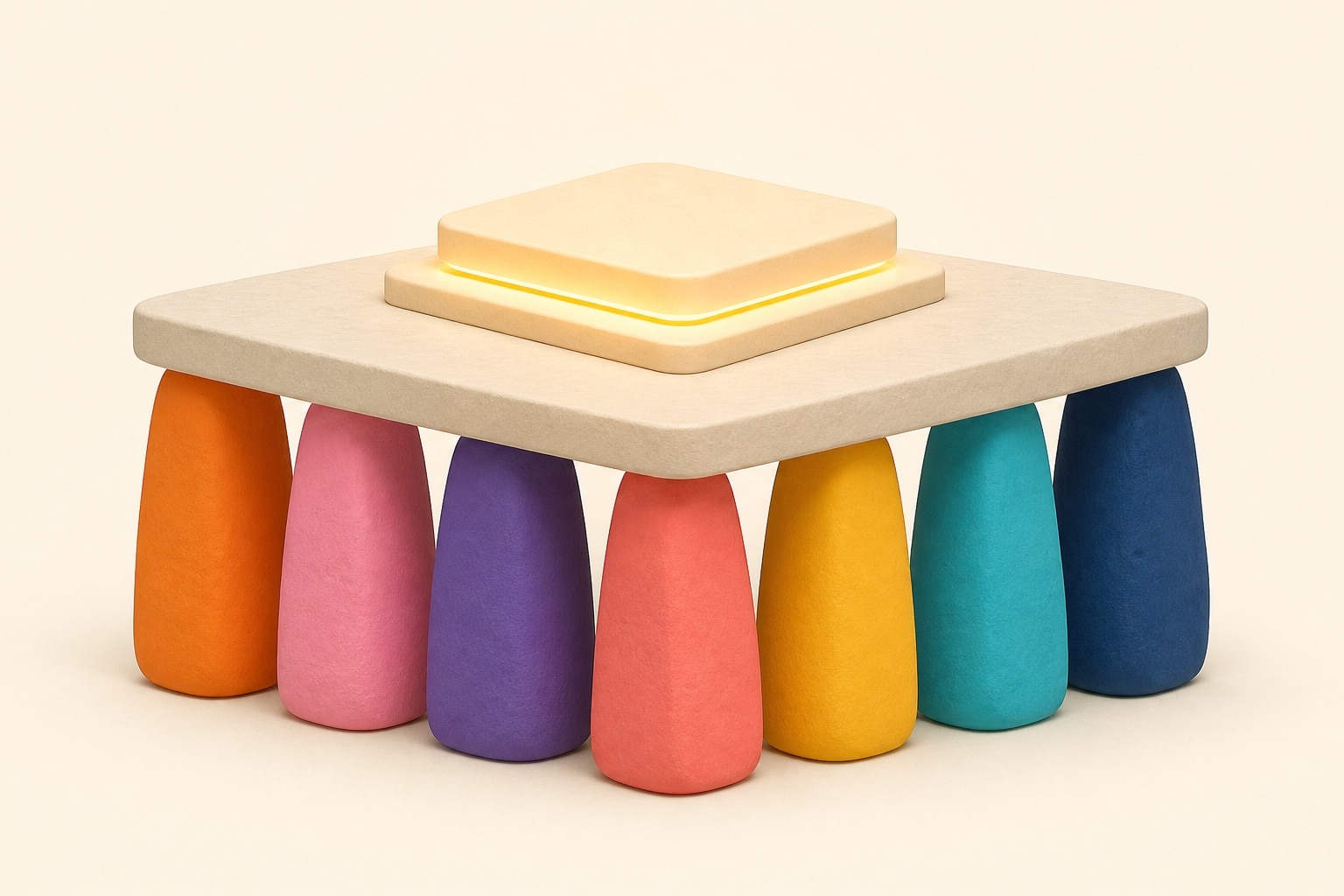 Seven colored pillars supporting a platform topped by an AI chip, illustration of the seven principles of ethical and responsible AI