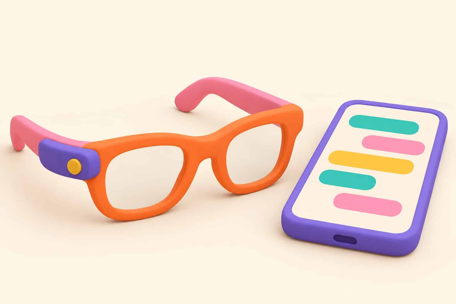 3D illustration of AI-connected smart glasses next to a smartphone showing a chat interface