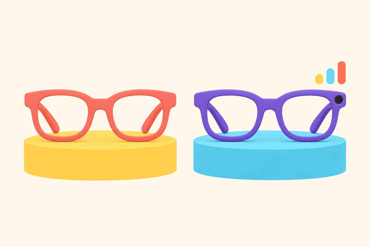 3D illustration of two pairs of smart glasses side by side on podiums, comparing generations