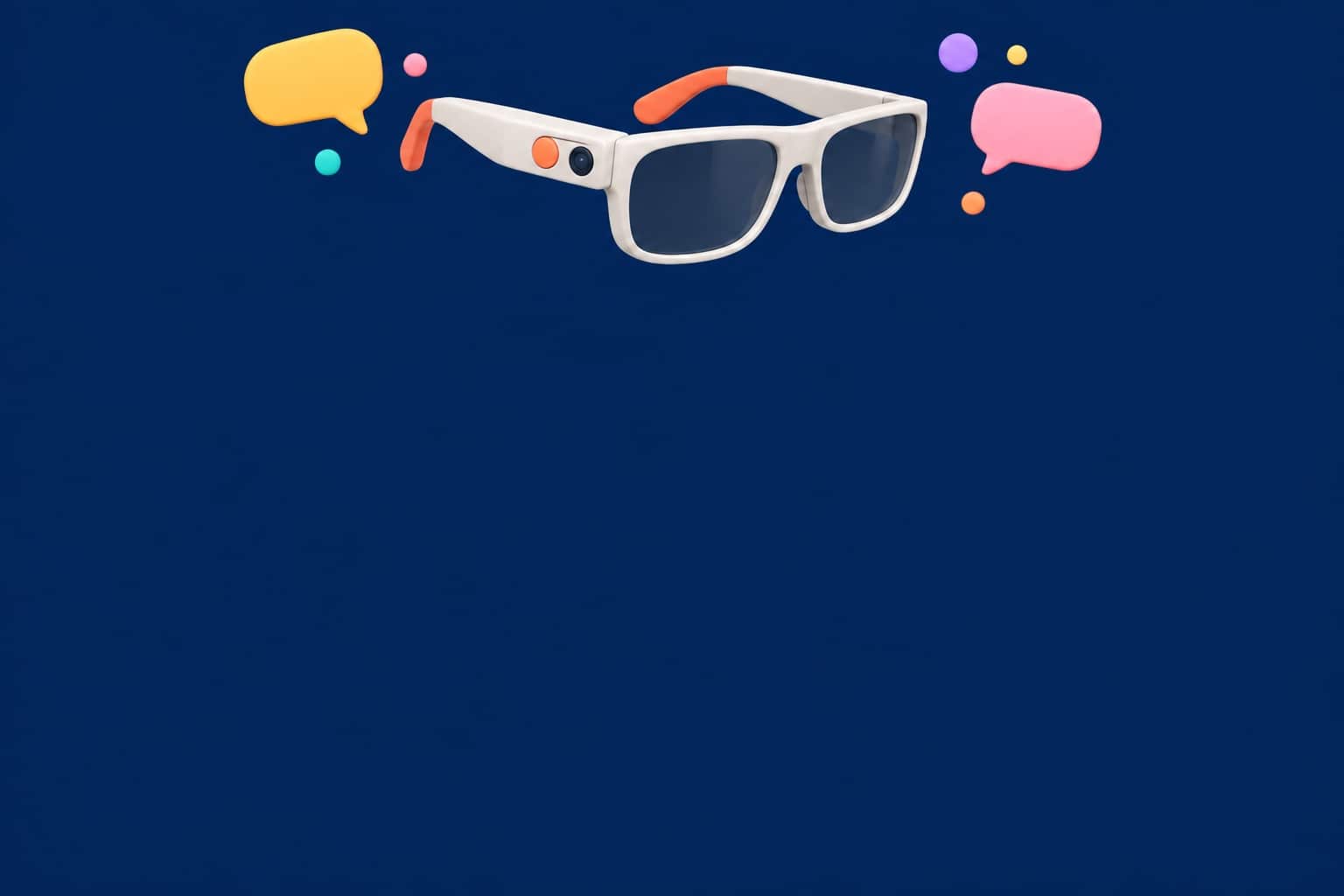 Illustration 3D de lunettes connectées à assistant IA avec bulles de discussion sur fond navy