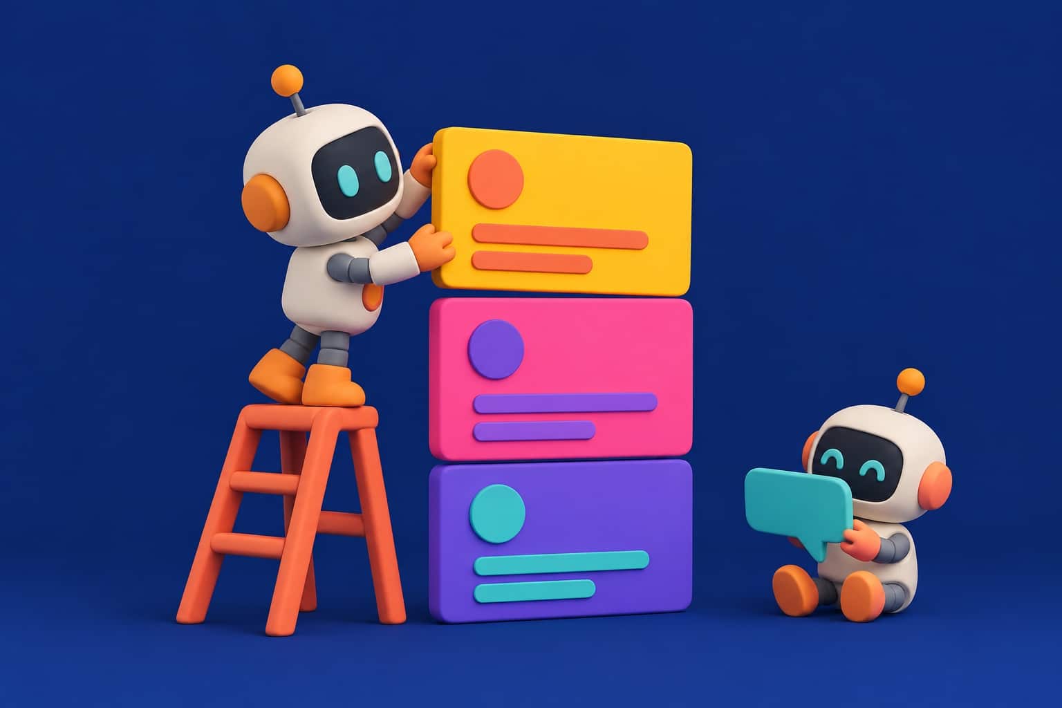 3D illustration on a navy background: a small robot places a colorful card on top of a stack of posts, while a second robot reads a chat bubble