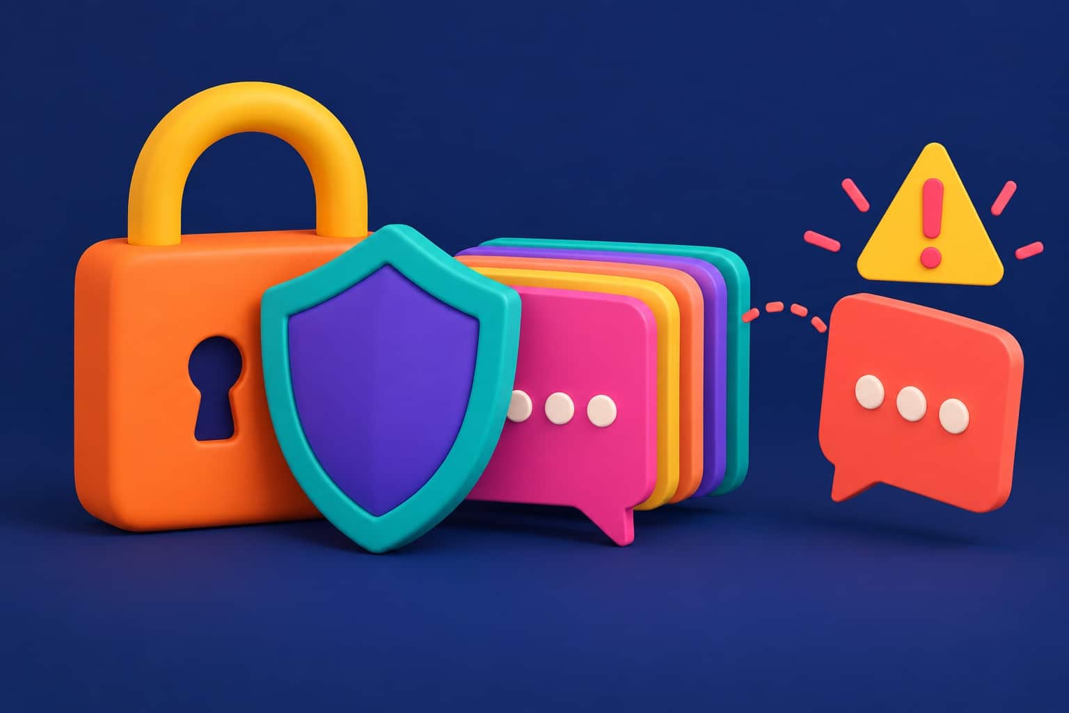 3D illustration on a navy background: a padlock and a shield protect a stack of colorful chat bubbles, one of which pulls away under a small warning triangle