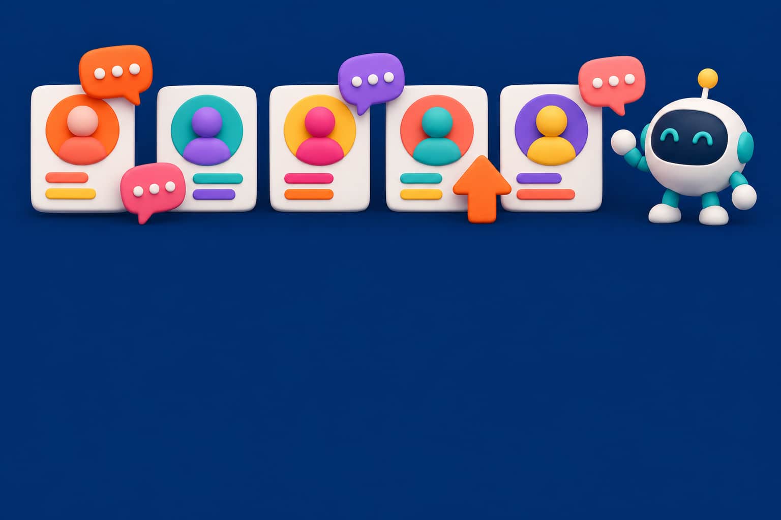 Illustration 3D sur fond bleu marine : une rangée de cartes de profil avec avatars abstraits, bulles de discussion et flèche de vote, fermée par un petit robot