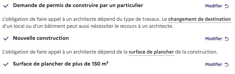 Fiche service-public.fr : pour une surface de plancher de plus de 150 mètres carrés, le recours à un architecte est obligatoire