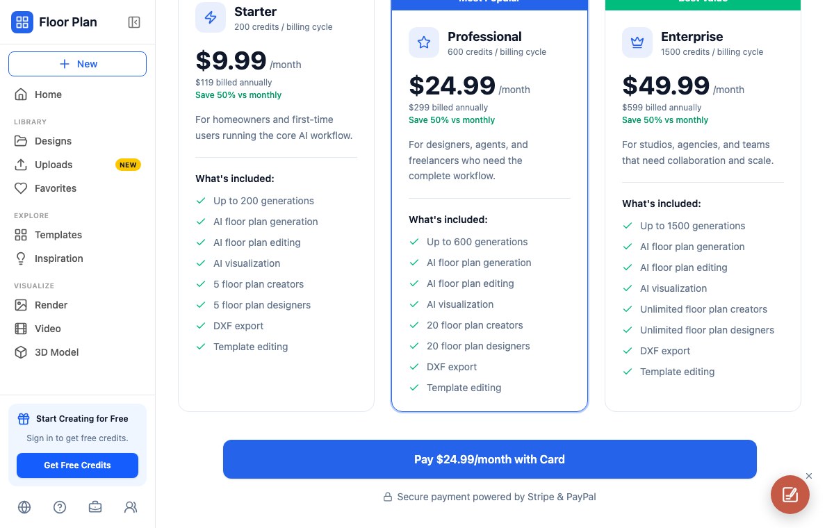 Floor Plan AI pricing page with the banner inviting users to sign in for free credits