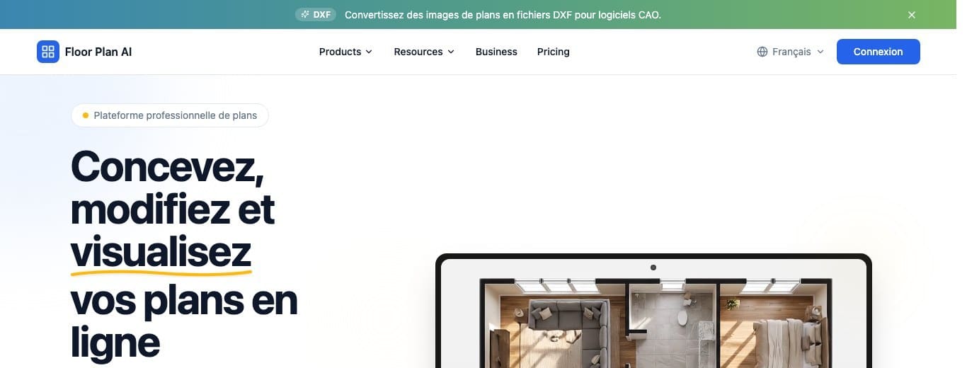 Page d'accueil française de Floor Plan AI avec sa promesse de plan de maison IA gratuit en ligne sans inscription