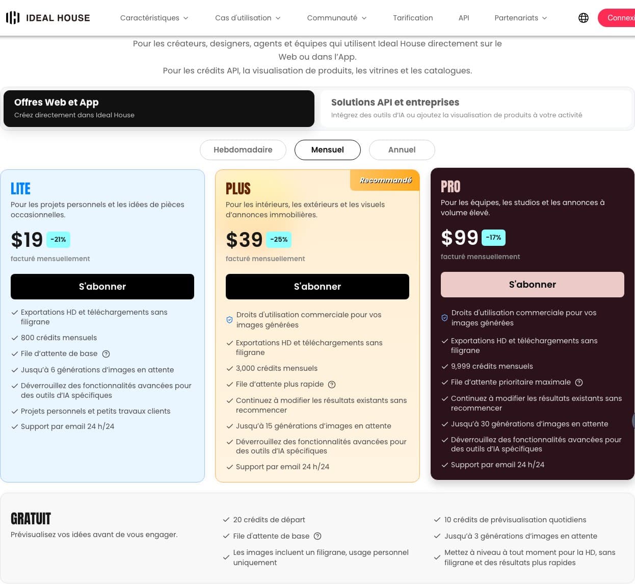 Carte Gratuit de la grille Ideal House : 20 crédits de départ, 10 crédits de prévisualisation quotidiens, images avec filigrane et usage personnel uniquement