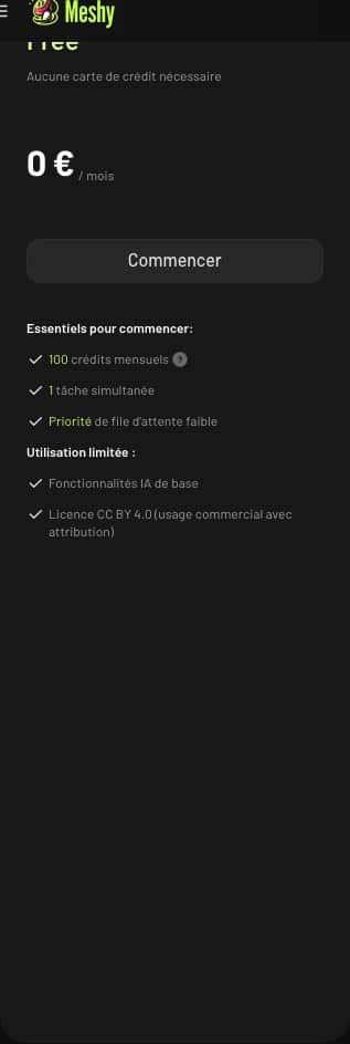 Carte Free de la grille Meshy : 100 crédits mensuels, une tâche simultanée, priorité de file d'attente basse