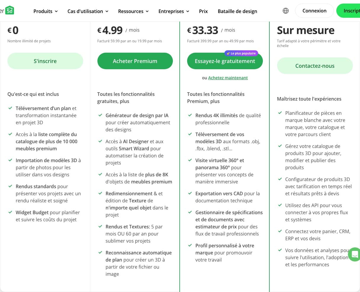 Grille tarifaire de Planner 5D en français : colonne Gratuit avec projets illimités et téléversement de plan, colonne Premium à 4,99 euros par mois avec le générateur de design par IA