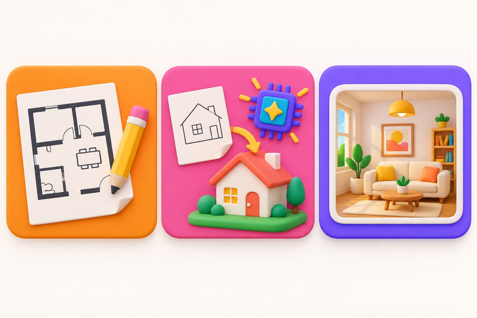 Three illustrated tiles: a 2D floor plan sheet with a pencil, an AI chip turning a sketch into a house model, and a realistic render frame
