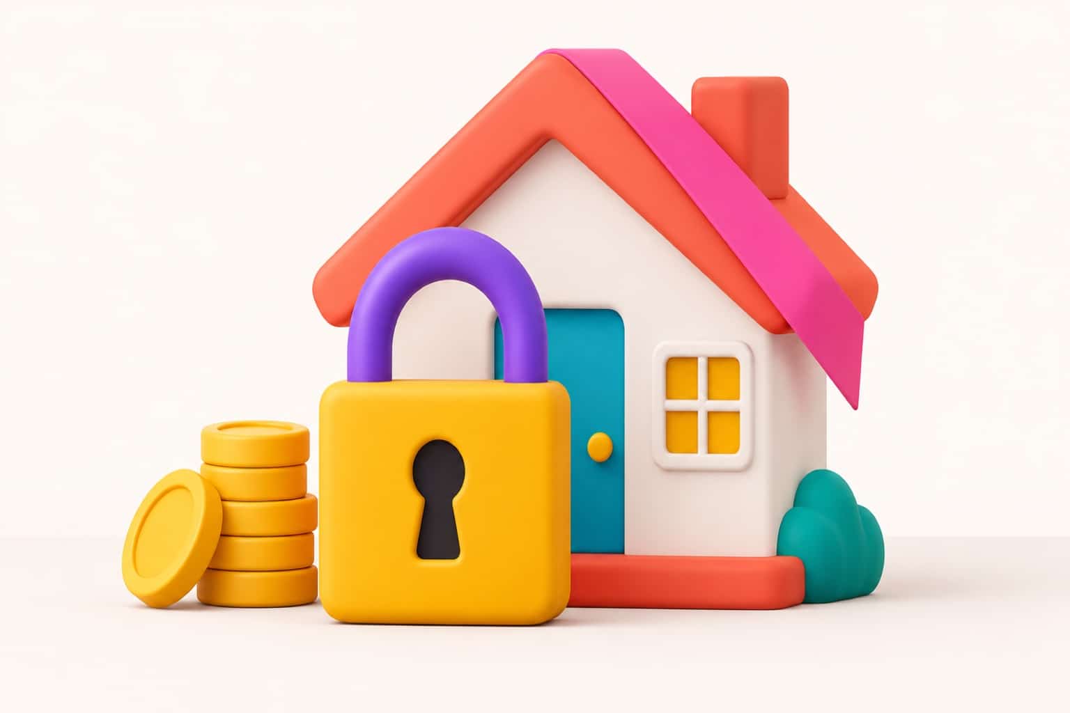 3D house model on a desk, a large padlock in front of it and a stack of credit tokens beside it