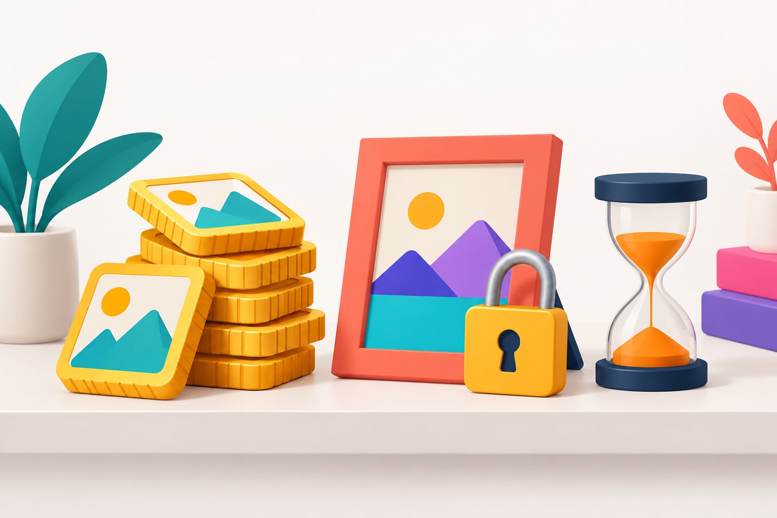 Stack of photo-shaped tokens, a photo frame locked with a padlock and an hourglass: the free limits of AI photo restoration