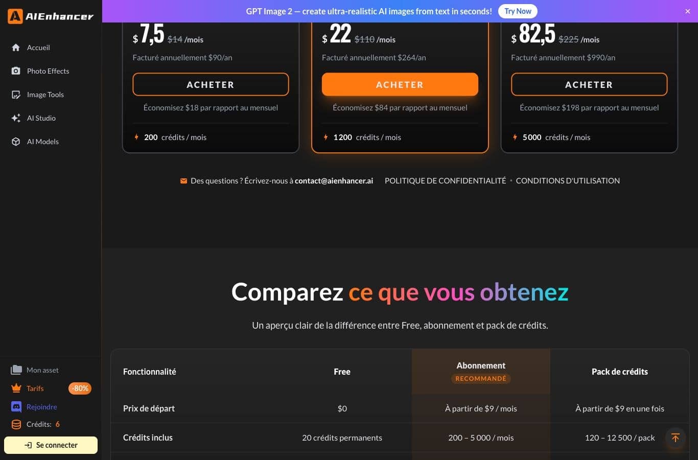 Tableau comparatif des forfaits AIEnhancer du 30 septembre 2026 : plan Free à 0 dollar avec 20 crédits permanents qui n expirent pas