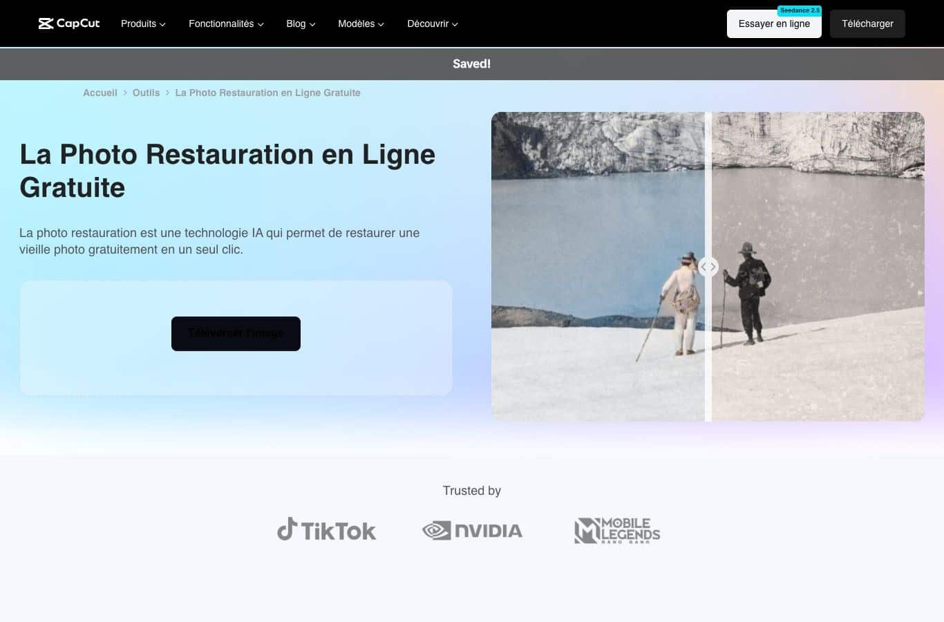 Page de l outil de restauration photo en ligne de CapCut, capturée le 30 septembre 2026