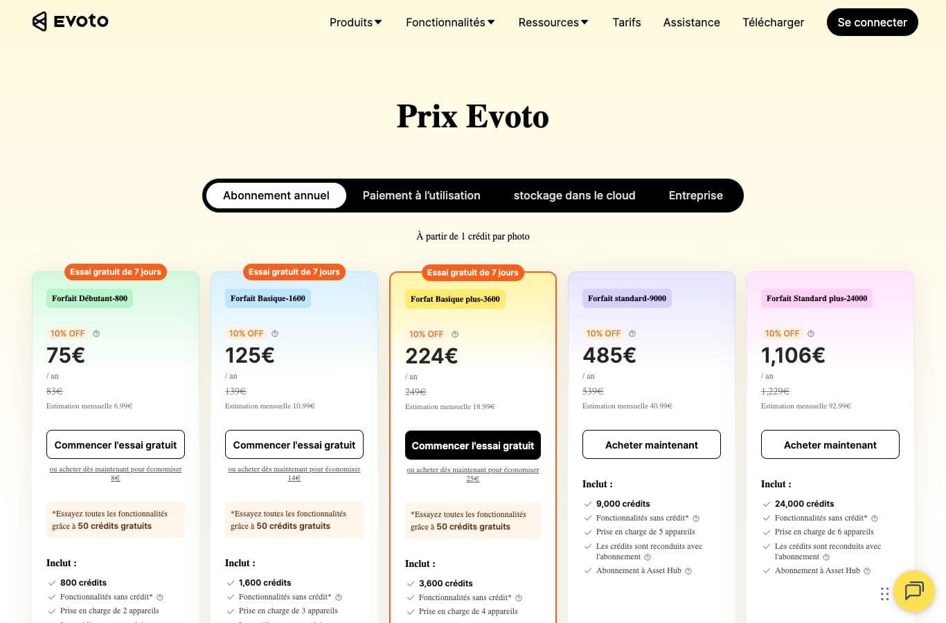 Grille de prix Evoto du 30 septembre 2026 : essai gratuit de 7 jours, 50 crédits gratuits, forfaits de 75 à 1 106 euros par an