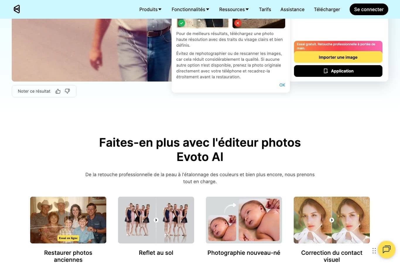 Page de l outil Evoto de restauration de photos anciennes, capturée le 30 septembre 2026