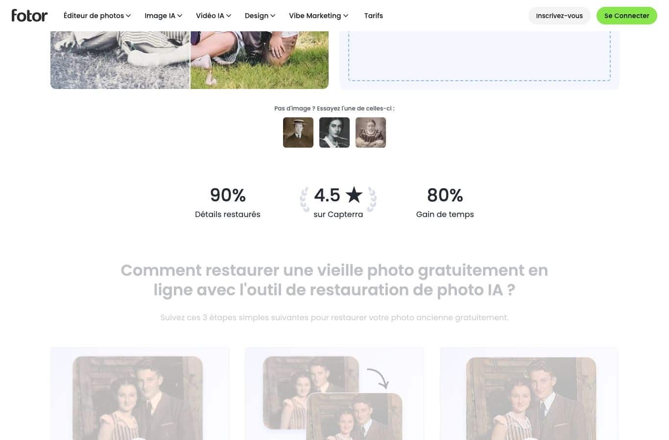 Page de l outil Fotor de restauration de vieille photo, capturée le 30 septembre 2026