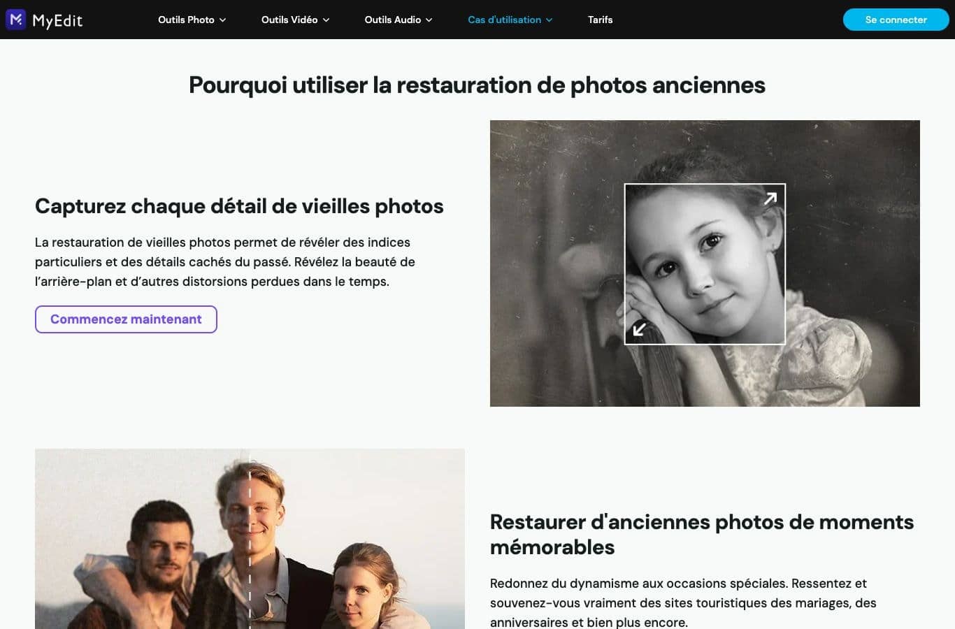 Page de l outil MyEdit de restauration de photos anciennes, capturée le 30 septembre 2026