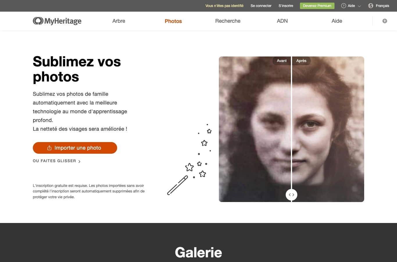 Page du Photo Enhancer de MyHeritage le 30 septembre 2026 : l inscription gratuite est requise, sinon les photos importées sont supprimées