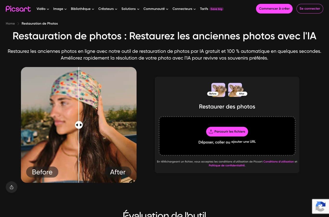 Page de l outil de restauration de photos de Picsart, capturée le 30 septembre 2026