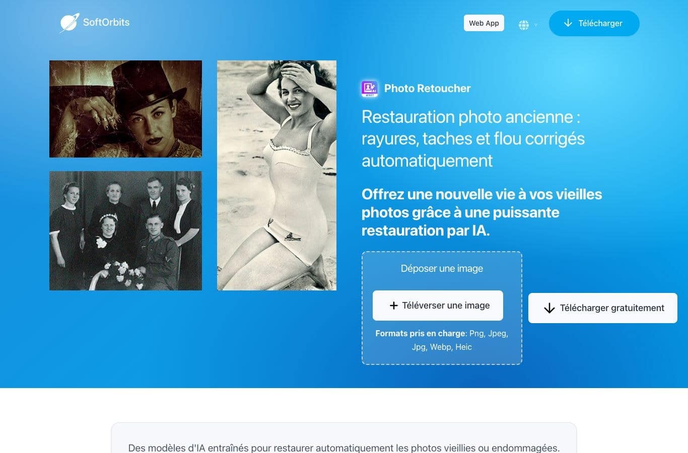 Page de l outil en ligne SoftOrbits de restauration photo ancienne, capturée le 30 septembre 2026