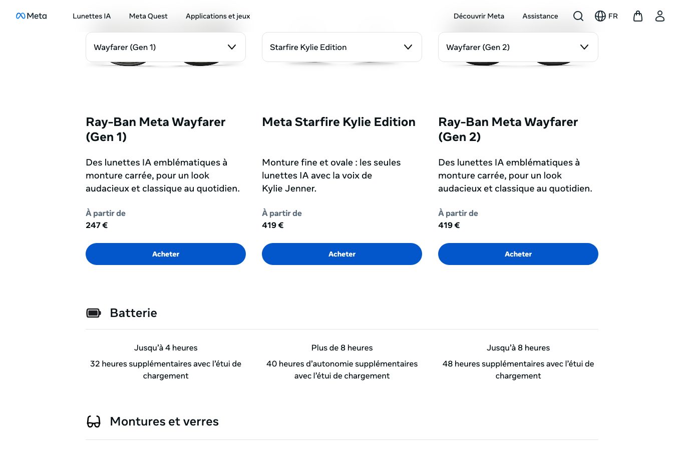 Capture du comparateur officiel de Meta montrant Ray-Ban Meta Wayfarer Gen 1 à 247 euros et Gen 2 à 419 euros
