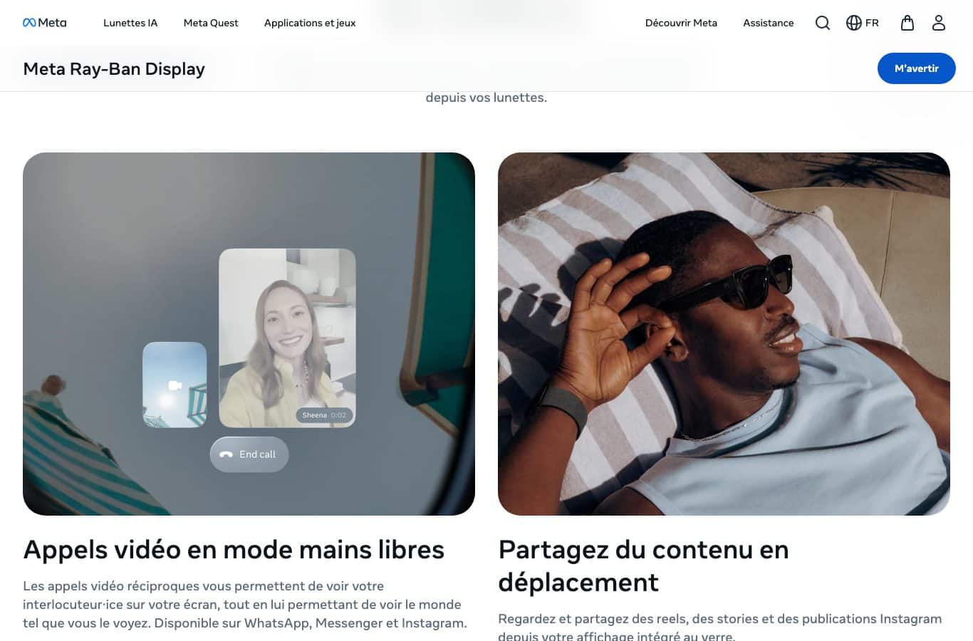 Capture de la page officielle Meta Ray-Ban Display avec le bouton M'avertir, non disponible à la vente en France