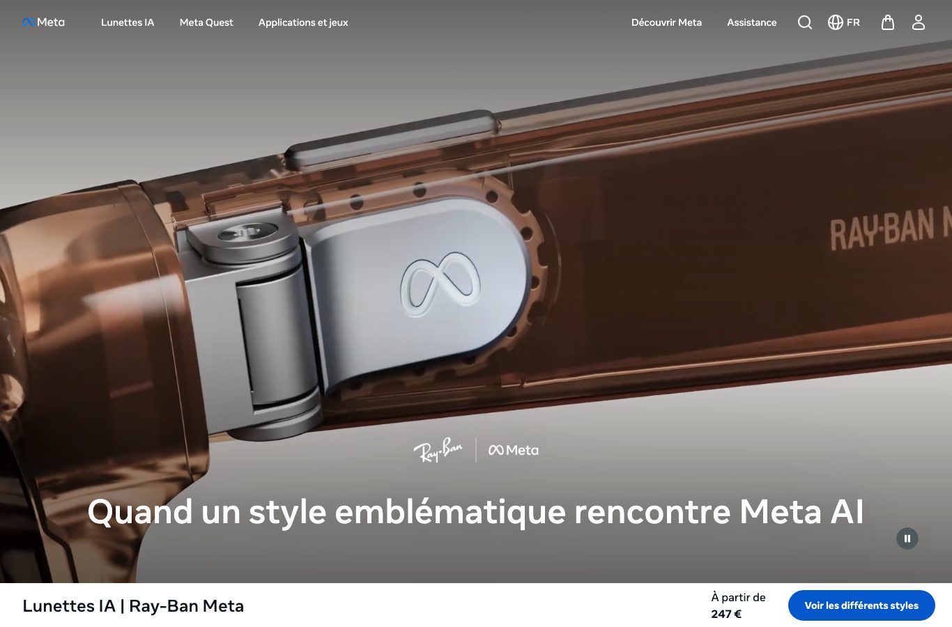 Capture de la page produit officielle Ray-Ban Meta mentionnant un prix à partir de 247 euros