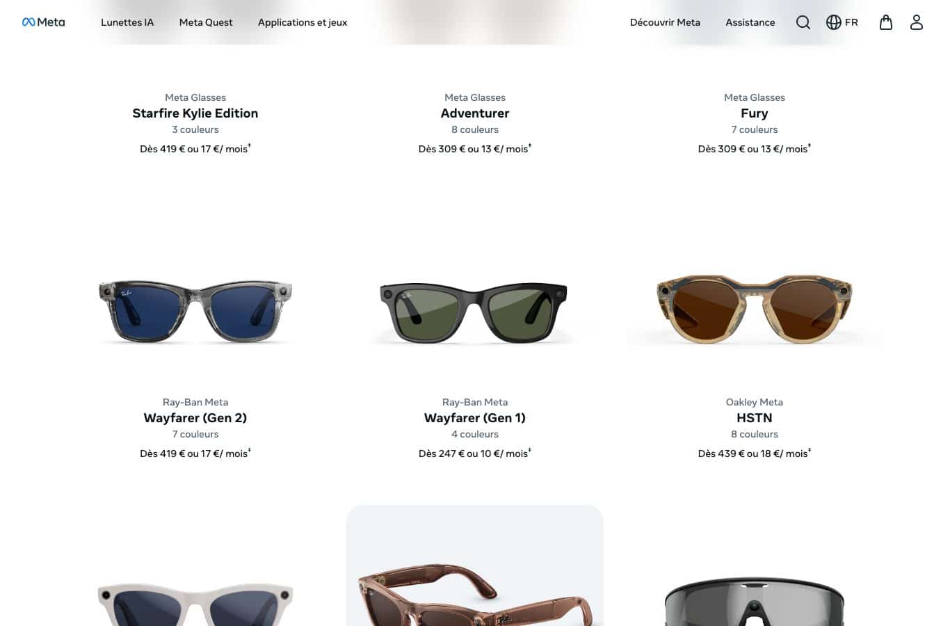 Capture de la boutique en ligne Meta montrant les prix des Ray-Ban Meta Gen 1 et Gen 2 en euros