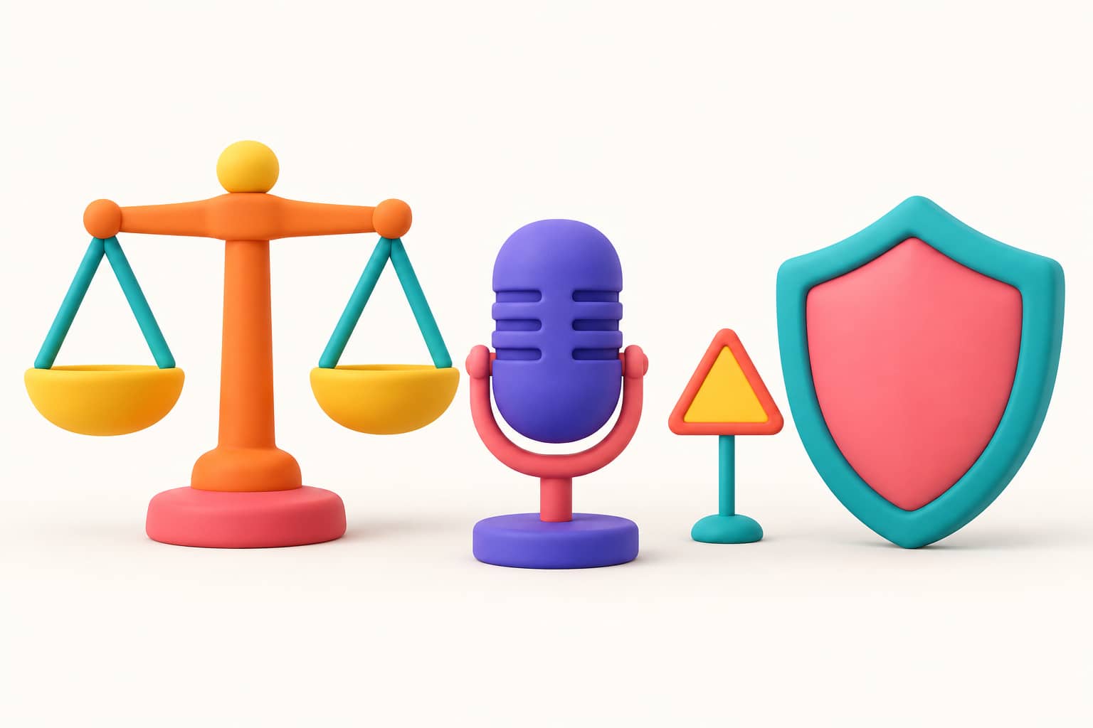 Illustration 3D : balance de la justice, micro, panneau d'avertissement et bouclier, symboles du cadre légal de la voix IA