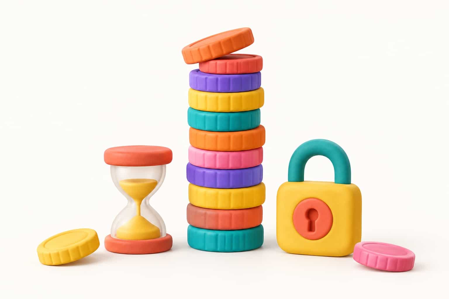 Illustration 3D : pile de jetons de crédits colorés, sablier et cadenas, symboles des quotas du gratuit