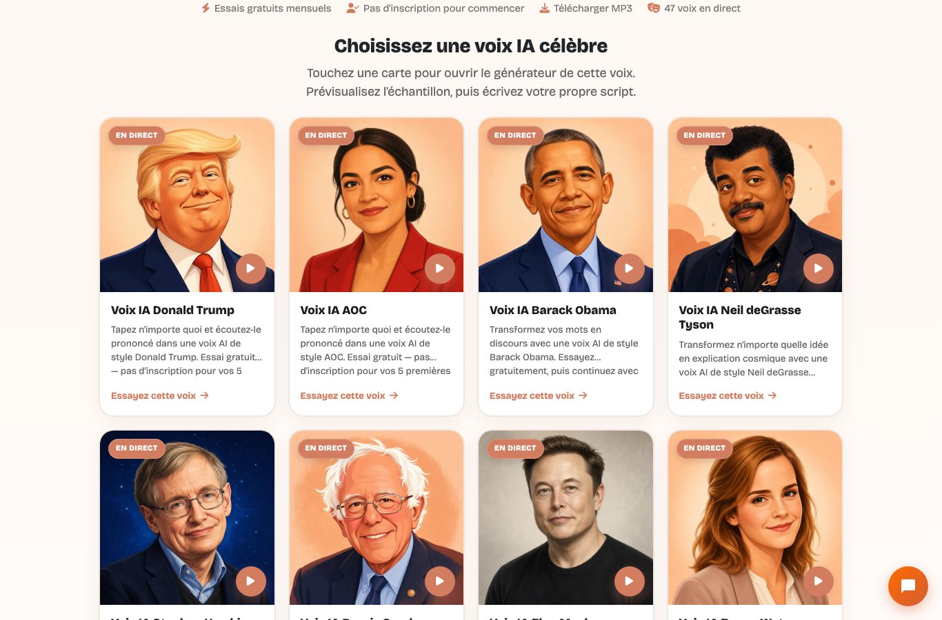 Capture des voix IA célèbres d'AnyToSpeech : Trump, AOC, Obama, Neil deGrasse Tyson, Stephen Hawking