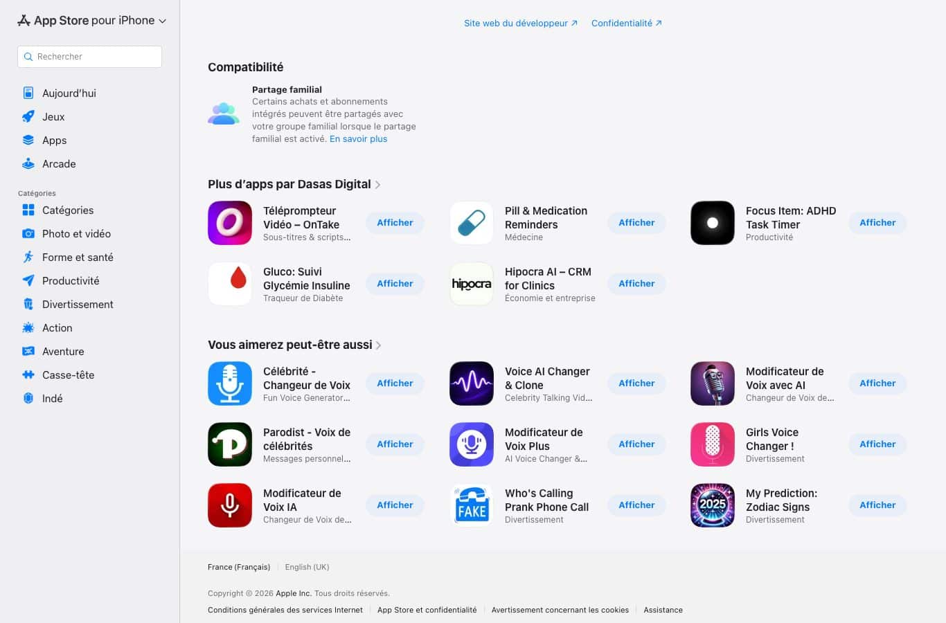 Capture de la fiche App Store d'une application de changement de voix de célébrité : avis 3,5 sur 5