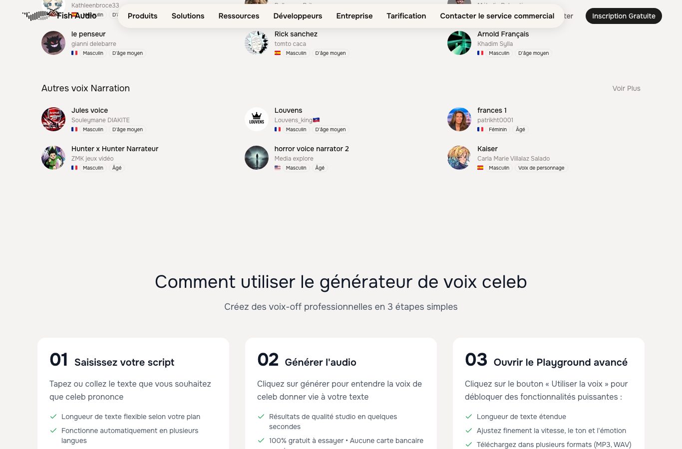 Capture du générateur de voix celeb de Fish Audio : essai 100 % gratuit sans carte bancaire