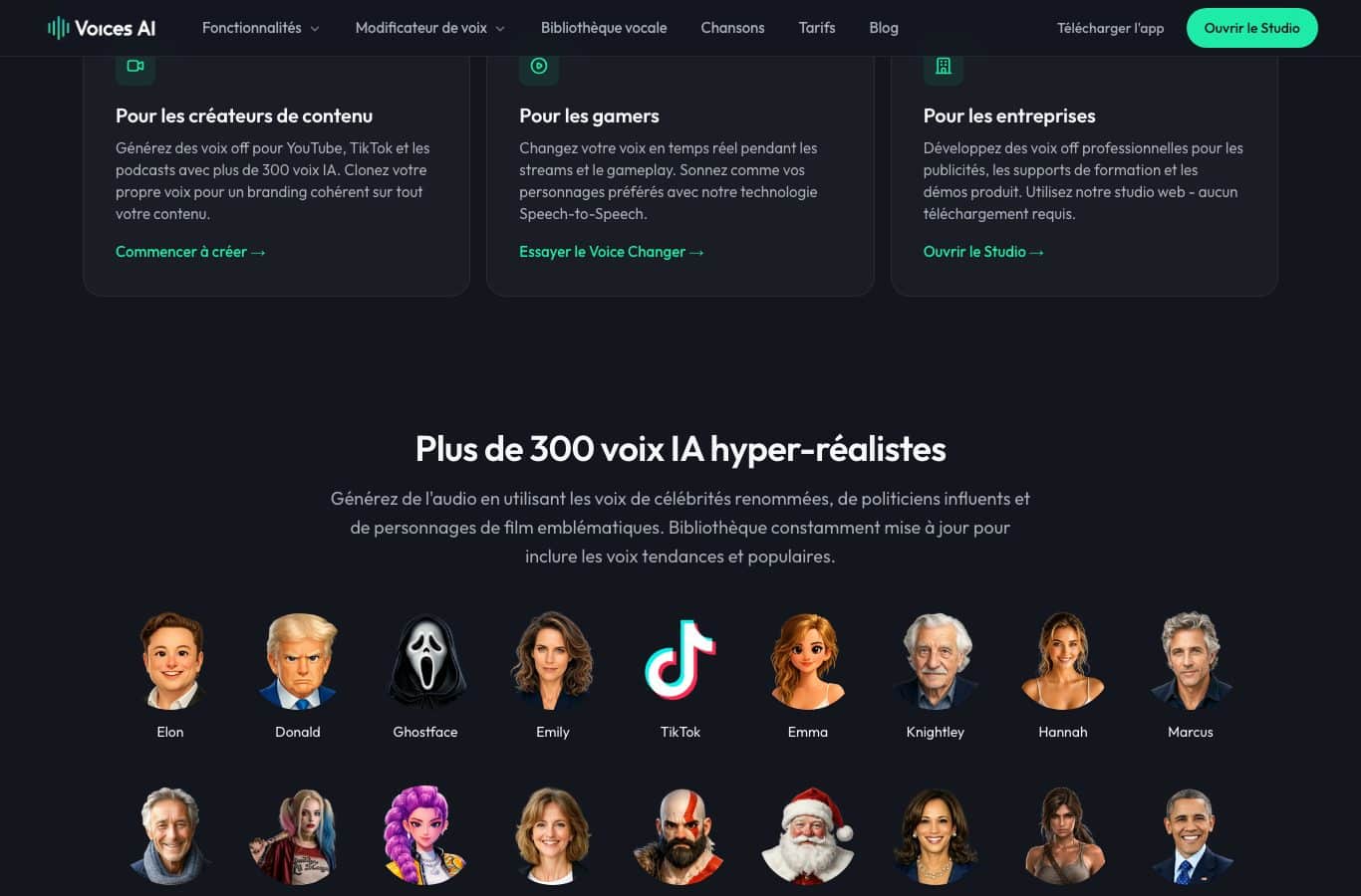 Capture de Voices AI : plus de 300 voix IA hyper-réalistes, parmi des célébrités, des politiciens et des personnages de film