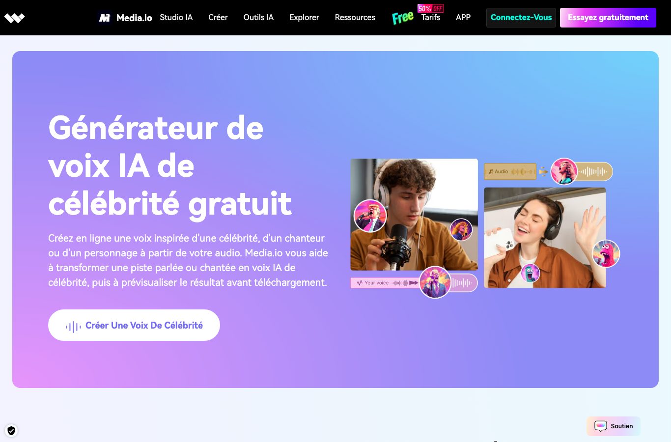 Capture du générateur de voix IA de célébrité gratuit de Media.io : à partir de votre audio