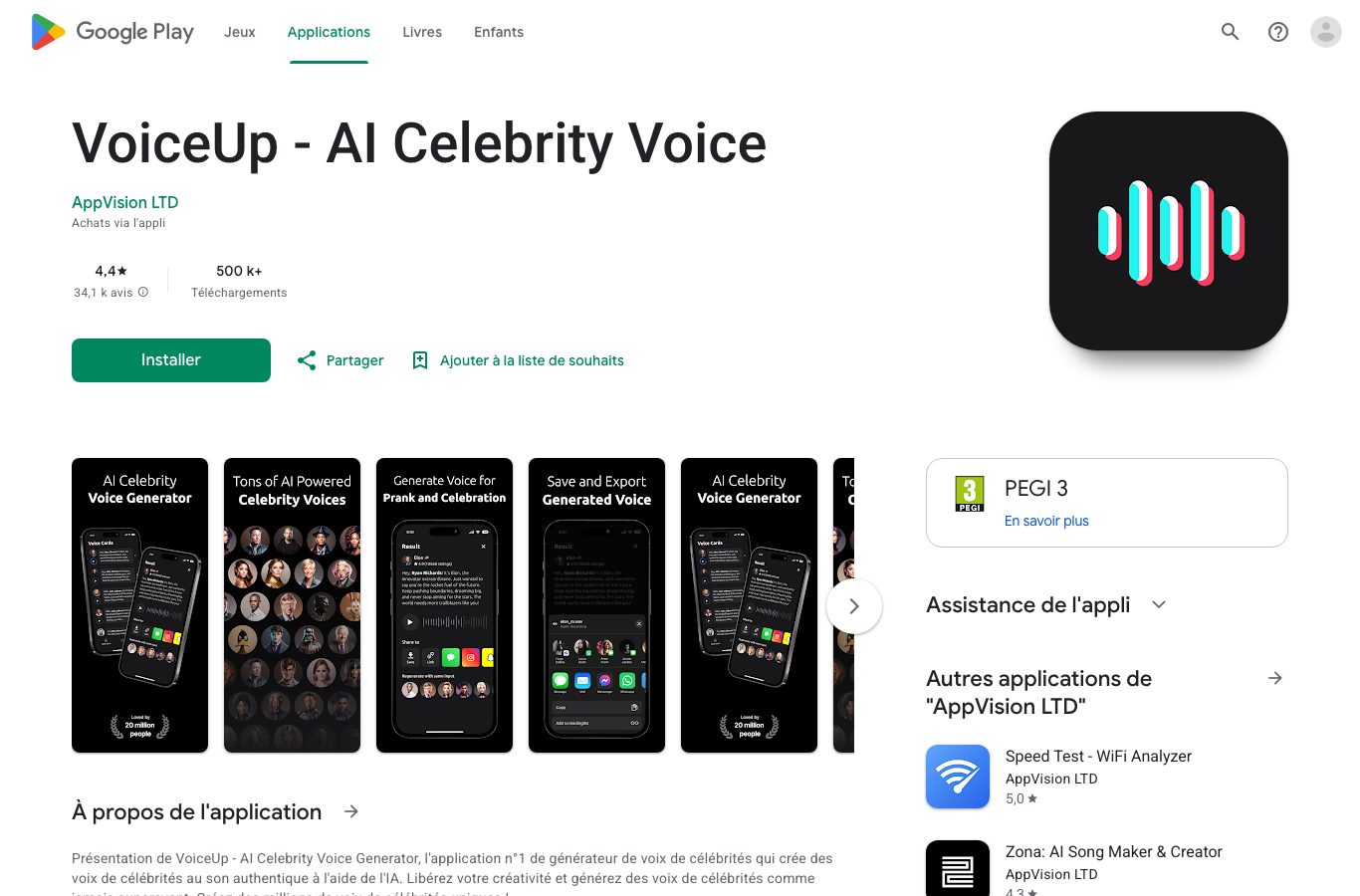 Capture de la fiche Google Play de VoiceUp AI Celebrity Voice : 500 K+ téléchargements et achats via l'appli